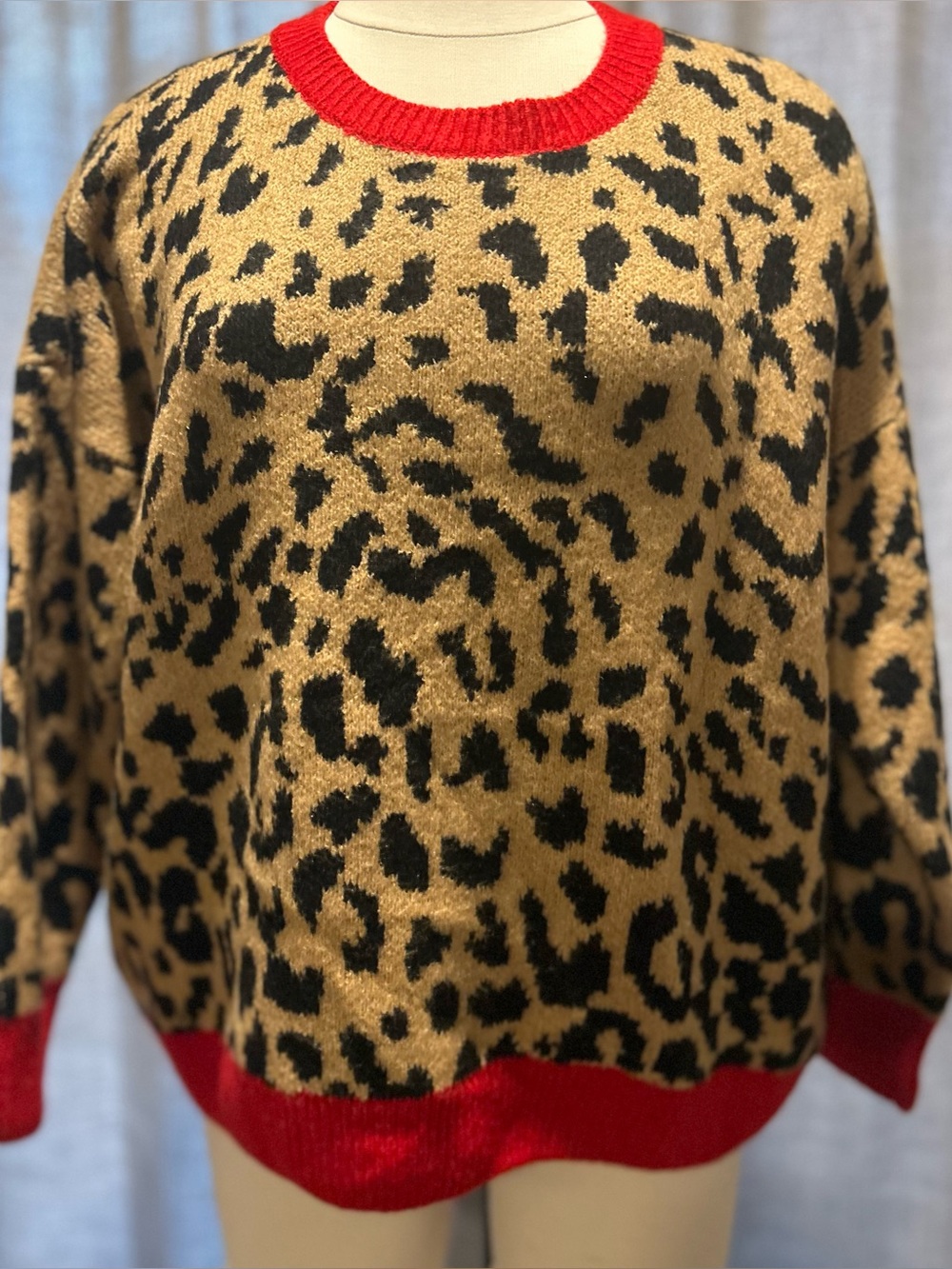 Vince Camuto Leopard-Print Crewneck Sweater with Red Trim